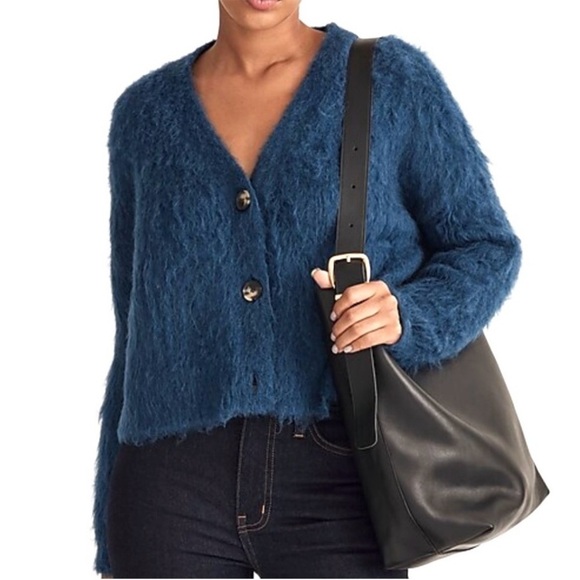 MADEWELL Brushed V Neck Cardigan Sweater Blue Button Front Relaxed Fit Sz XS - Picture 1 of 15